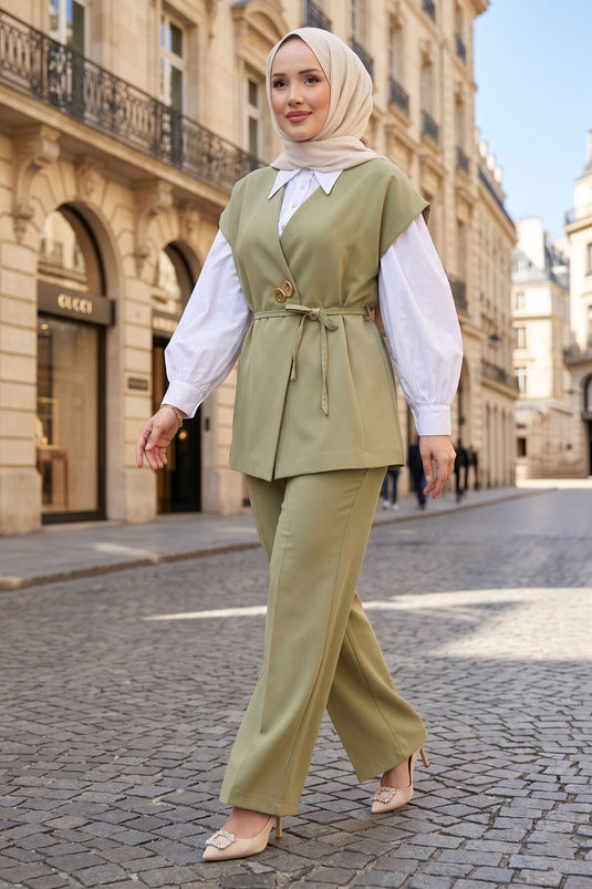 Gold Buttoned Belted Vest and Pants Set Green Olive