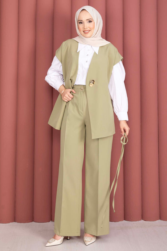 Gold Buttoned Belted Vest and Pants Set Green Olive