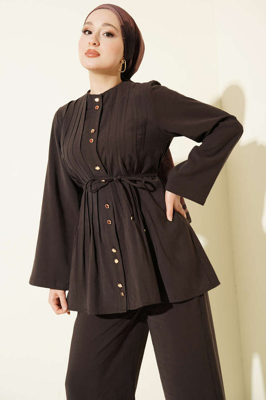 Gold Düğmeli Nervürlü Tensel İkili Takım Kahve