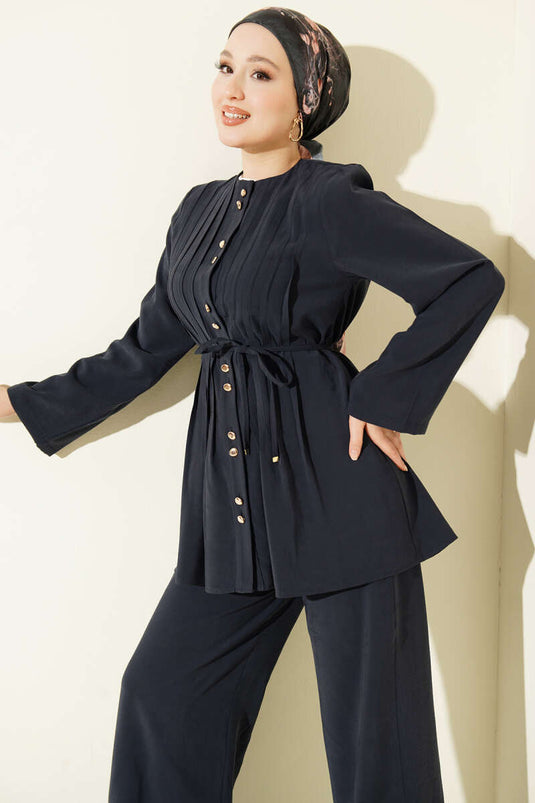 Gold Düğmeli Nervürlü Tensel İkili Takım Lacivert