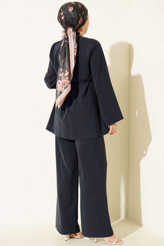 Gold Düğmeli Nervürlü Tensel İkili Takım Lacivert