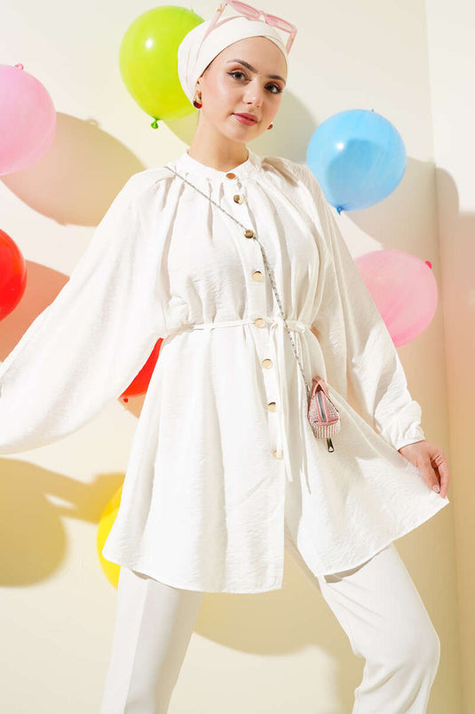 Gold Buttoned Pleated Shoulder Shirt Ecru