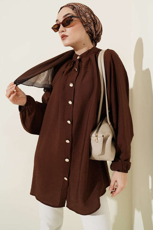 Gold Buttoned Shoulder Pleated Shirt Brown