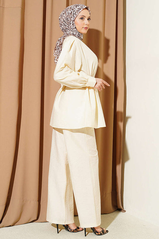 Gold Buttoned Parachute Two-Piece Set Cream