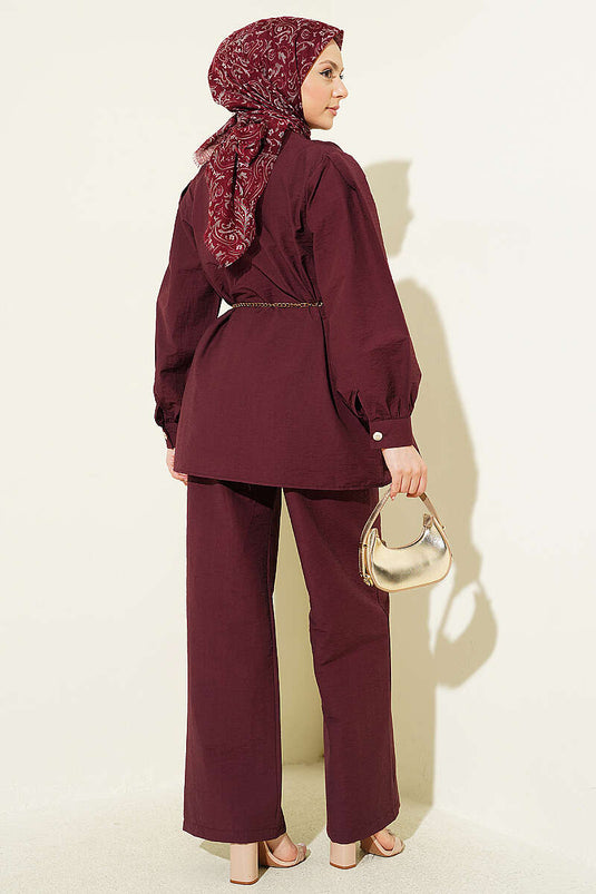 Gold Buttoned Parachute Two-Piece Set Burgundy