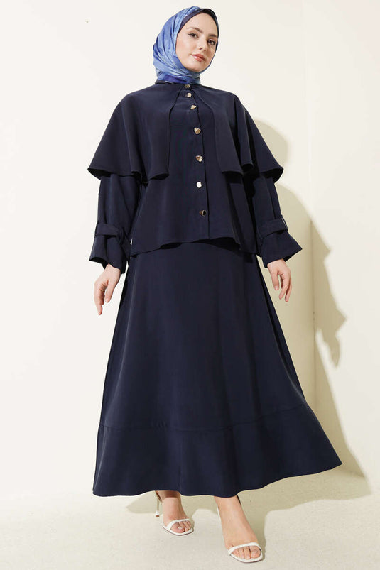 Navy Blue Set with Gold Buttoned Cape and Tencel Skirt