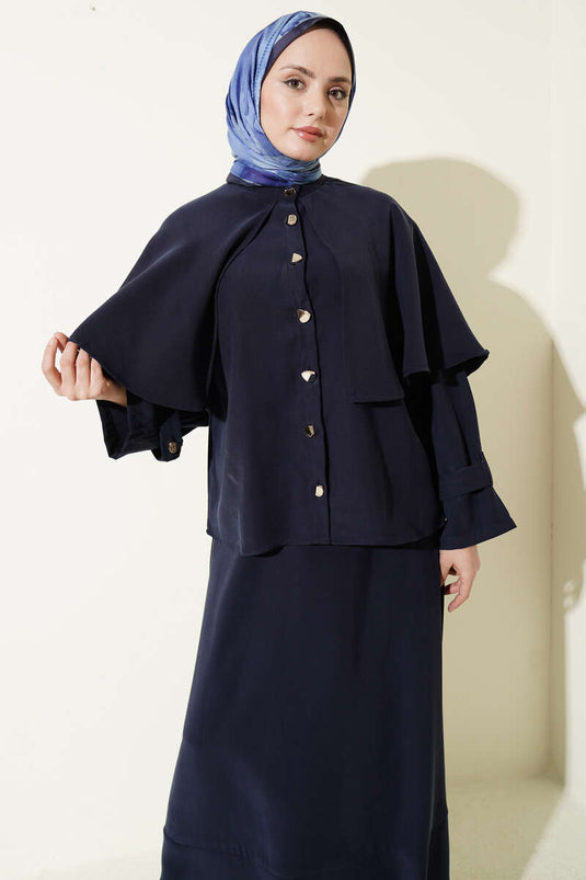Navy Blue Set with Gold Buttoned Cape and Tencel Skirt