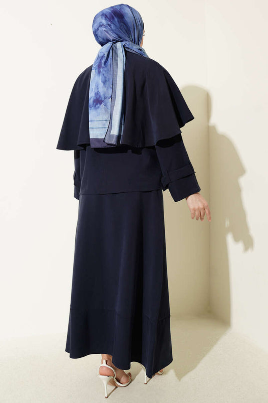 Navy Blue Set with Gold Buttoned Cape and Tencel Skirt