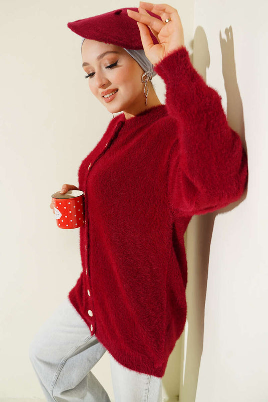 Cardigan en peluche à boutons dorés bordeaux