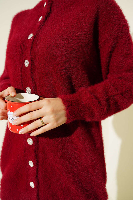 Cardigan en peluche à boutons dorés bordeaux