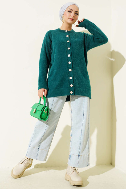 Gold Düğmeli Peluş Hırka Zümrüt