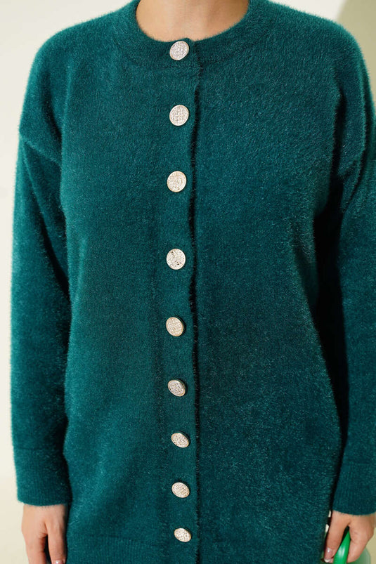 Gold Düğmeli Peluş Hırka Zümrüt