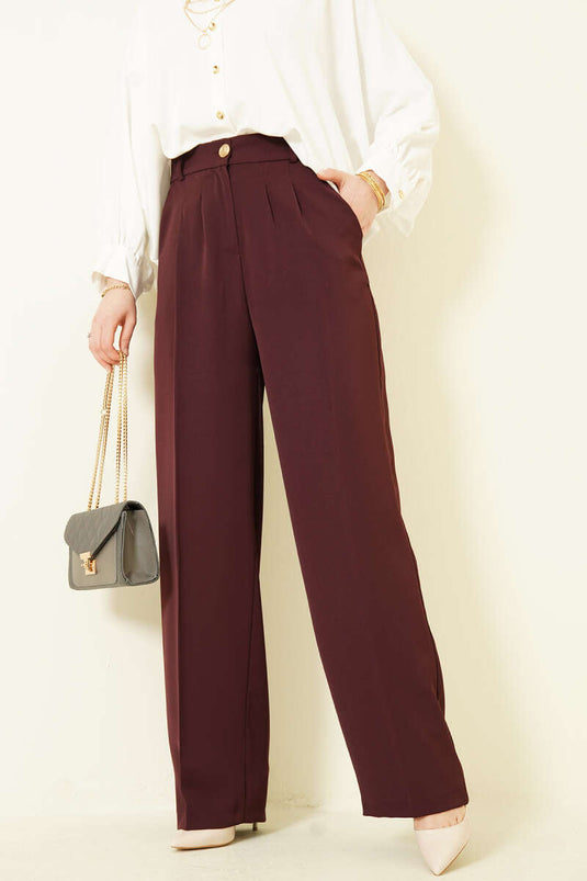 Pantalon Palazzo plissé bordeaux à boutons dorés