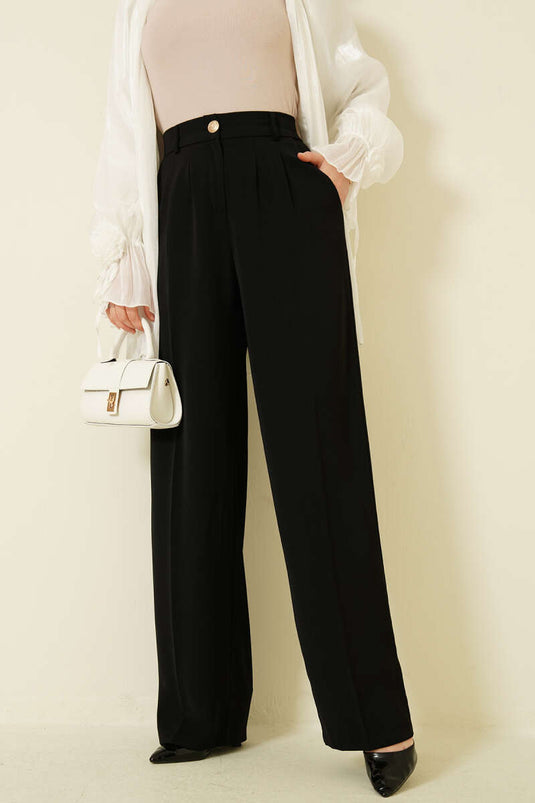 Black Palazzo Pants with Gold Buttons and Pleats