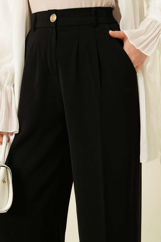 Black Palazzo Pants with Gold Buttons and Pleats