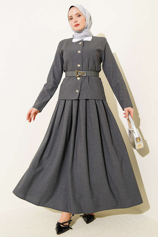 Ensemble jupe en polyviscose gris fumé avec boutons dorés