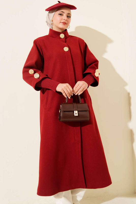 Manteau en drap à côtes avec boutons dorés Bordeaux