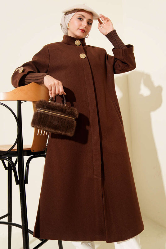 Manteau en drap à côtes avec boutons dorés Marron