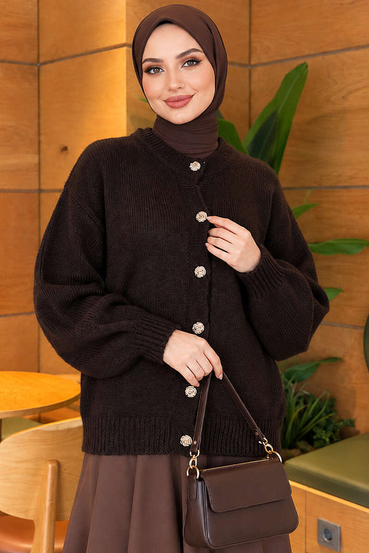 Gilet En Maille Côtelée À Boutons Dorés Couleur Marron Chaud