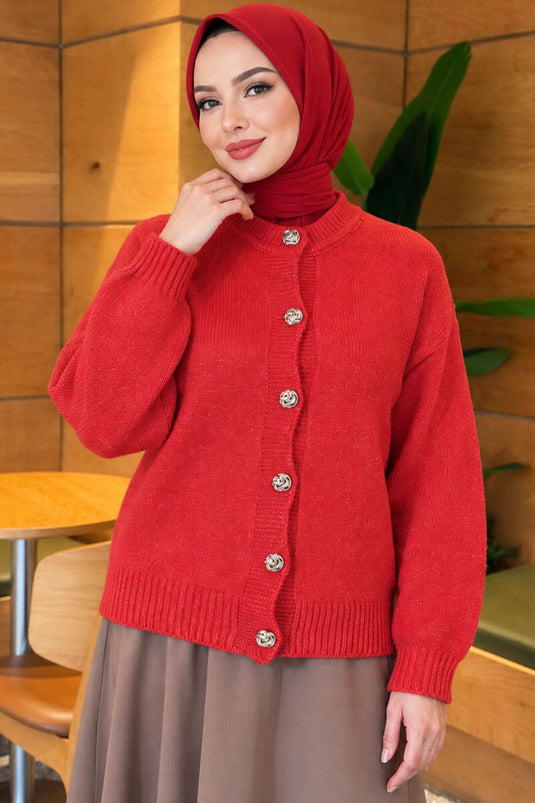 Gilet En Maille Côtelée À Boutons Rouge