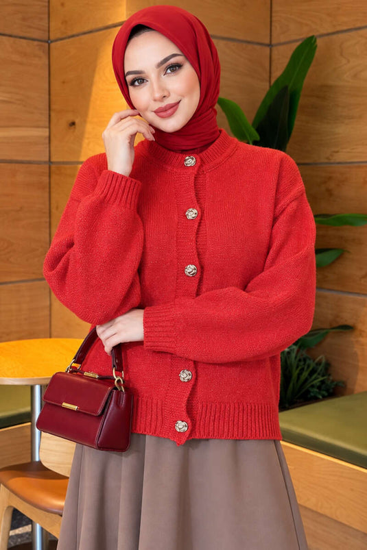 Gilet En Maille Côtelée À Boutons Rouge