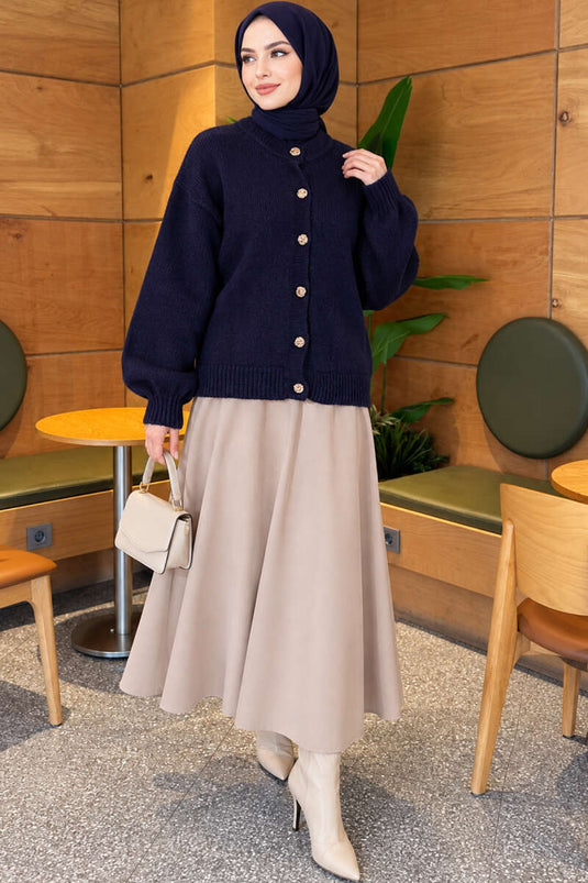 Gilet En Maille Côtelée À Boutons Dorés Bleu Marine