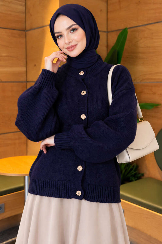 Gilet En Maille Côtelée À Boutons Dorés Bleu Marine