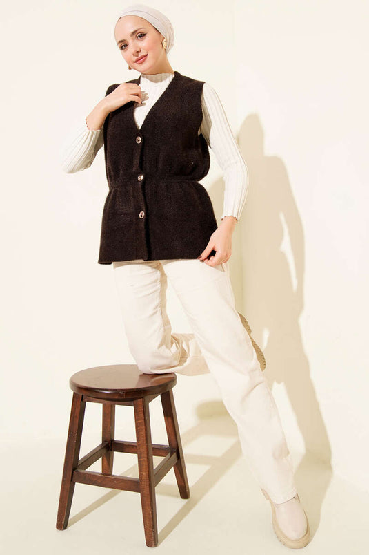 Gold Buttoned Bearded Vest, Coffee