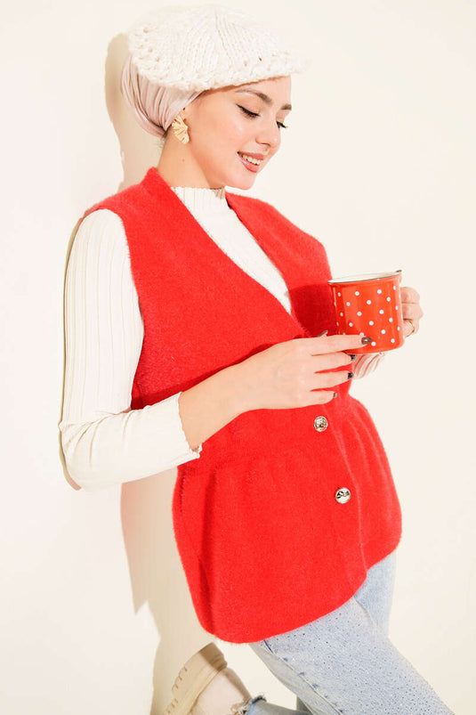 Gold Buttoned Bearded Vest, Red