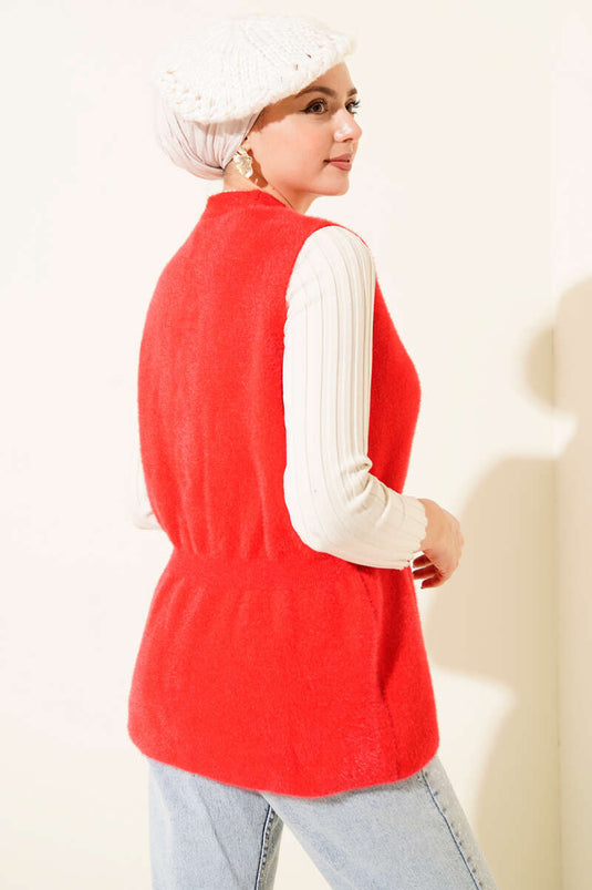 Gold Buttoned Bearded Vest, Red