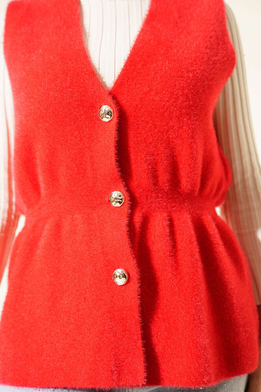 Gold Buttoned Bearded Vest, Red