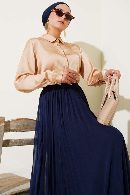 Chemise en satin à boutons dorés Camel