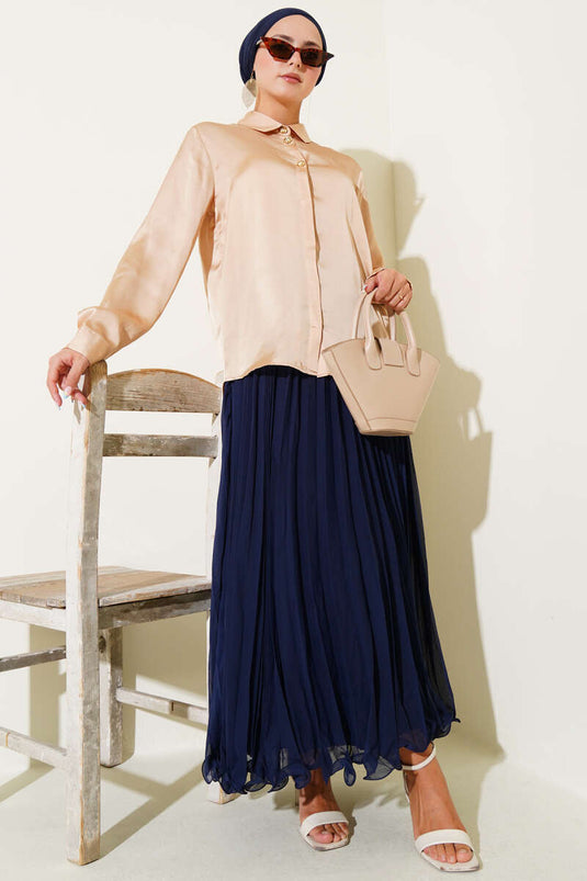 Chemise en satin à boutons dorés Camel