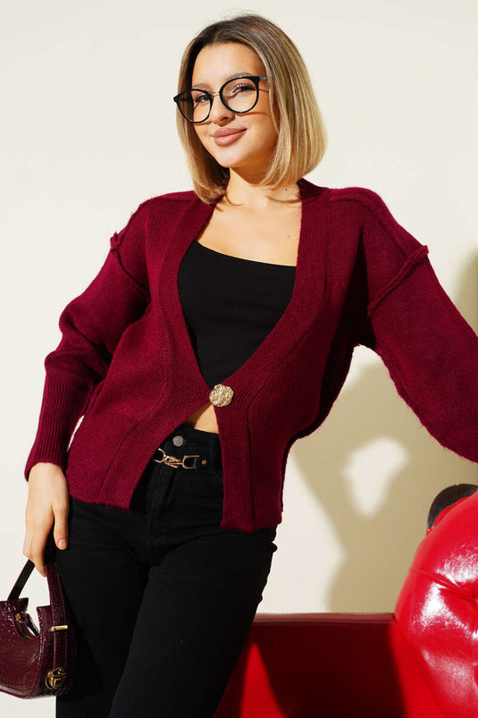 Burgundy Knitted Cardigan with Gold Buttons and Reverse Stitching