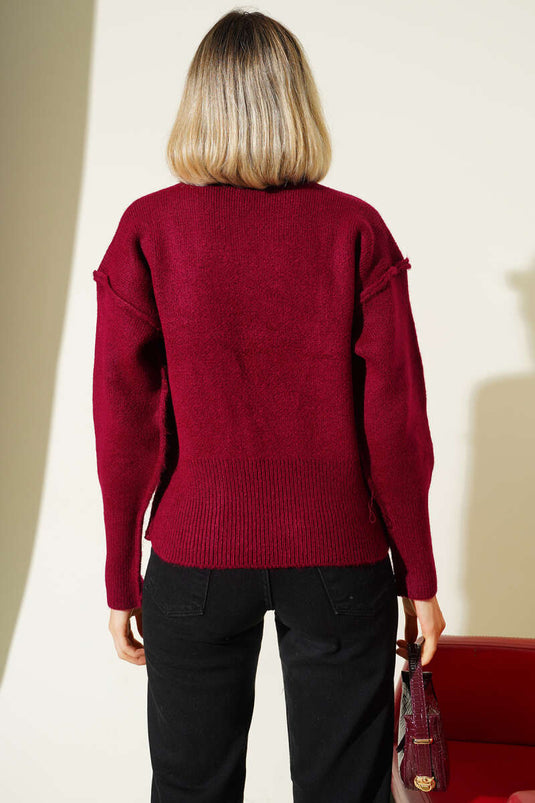 Burgundy Knitted Cardigan with Gold Buttons and Reverse Stitching