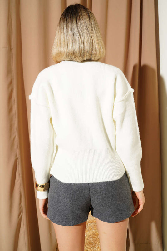 Gold Buttoned Reverse Stitch Knitted Cardigan, Ecru