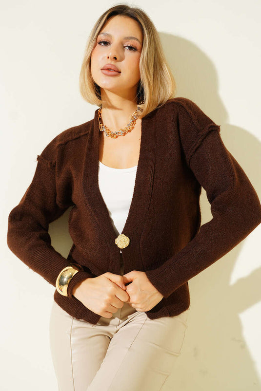 Gold Buttoned Reverse Stitch Knitted Cardigan, Brown