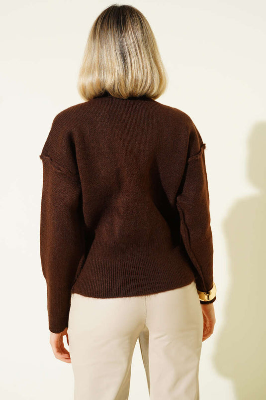 Gold Buttoned Reverse Stitch Knitted Cardigan, Brown