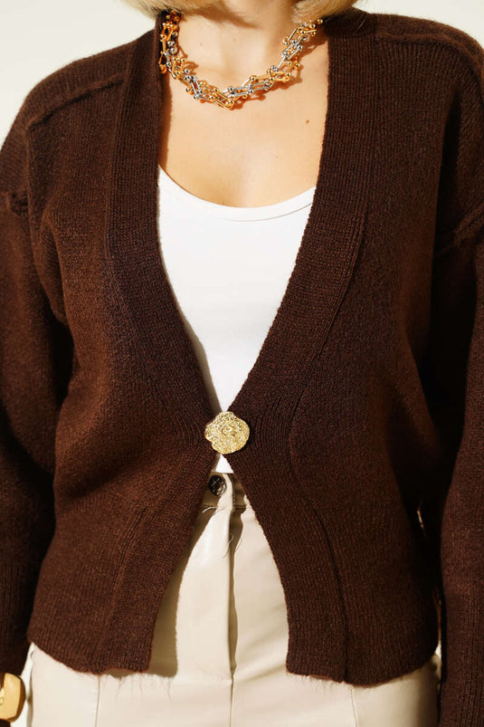 Gold Buttoned Reverse Stitch Knitted Cardigan, Brown