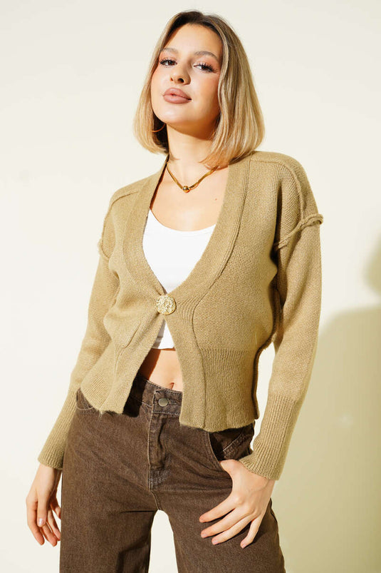 Gold Buttoned Reverse Stitch Knitted Cardigan, Dark Green