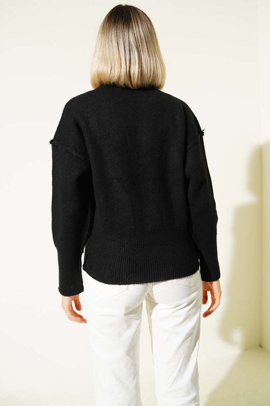 Gold Buttoned Reverse Stitch Knitted Cardigan, Black