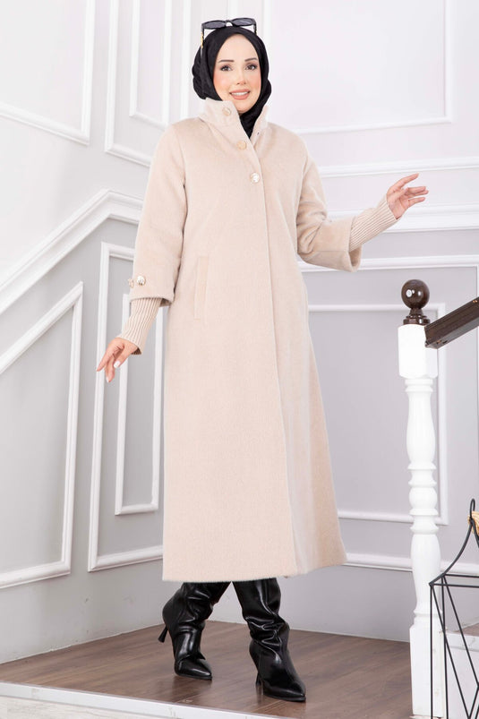 Manteau Long Angora Doré À Boutons Beige