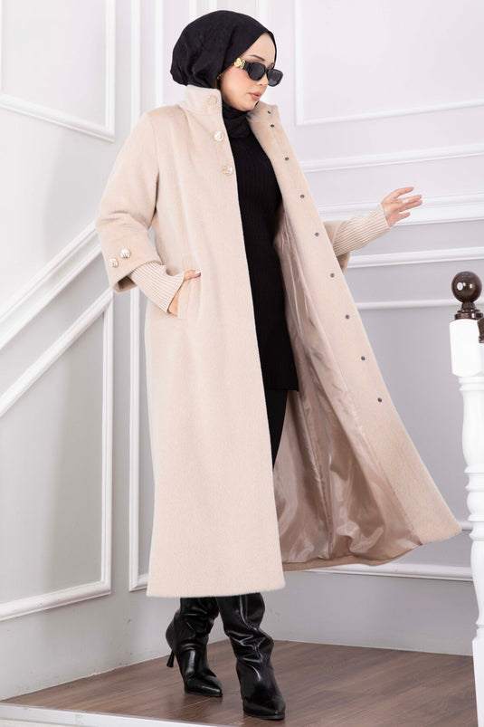 Manteau Long Angora Doré À Boutons Beige