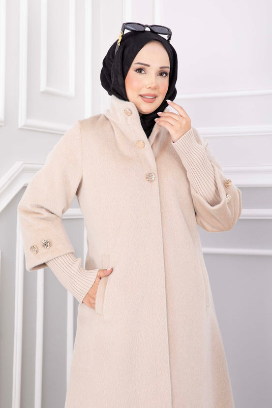 Manteau Long Angora Doré À Boutons Beige