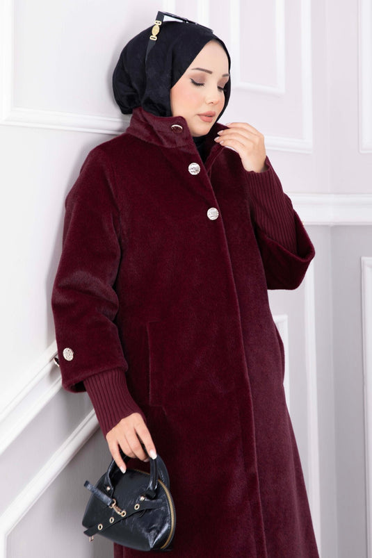 Cappotto Lungo In Angora Con Bottoni Dorati Bordeaux