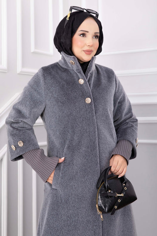 Cappotto Lungo In Angora Con Bottoni Dorati Grigio Fumo