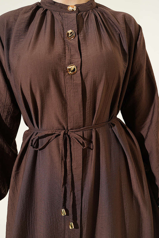 Ensemble deux pièces tunique longue à boutons dorés marron