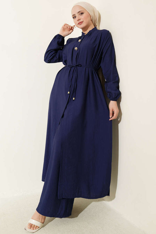 Ensemble deux pièces tunique longue à boutons dorés bleu marine