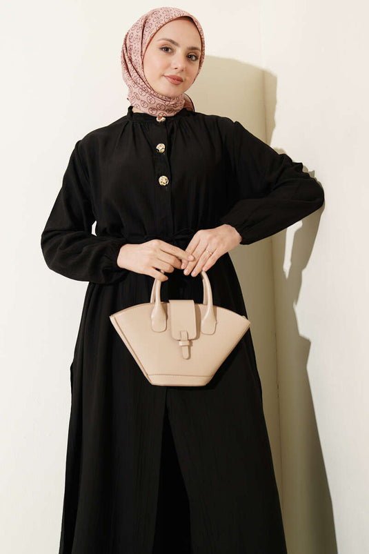 Ensemble Deux Pièces Tunique Longue à Boutons Dorés Noir