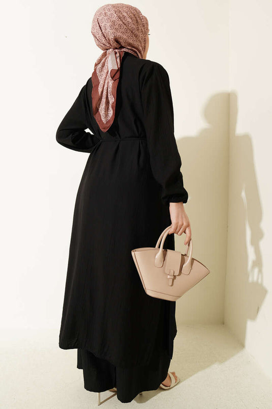 Ensemble Deux Pièces Tunique Longue à Boutons Dorés Noir